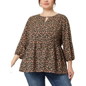 Agnes Orinda Women's Plus Size Floral Retro Keyhole Neck Lantern Summer Babydoll Blouses - 1 of 4
