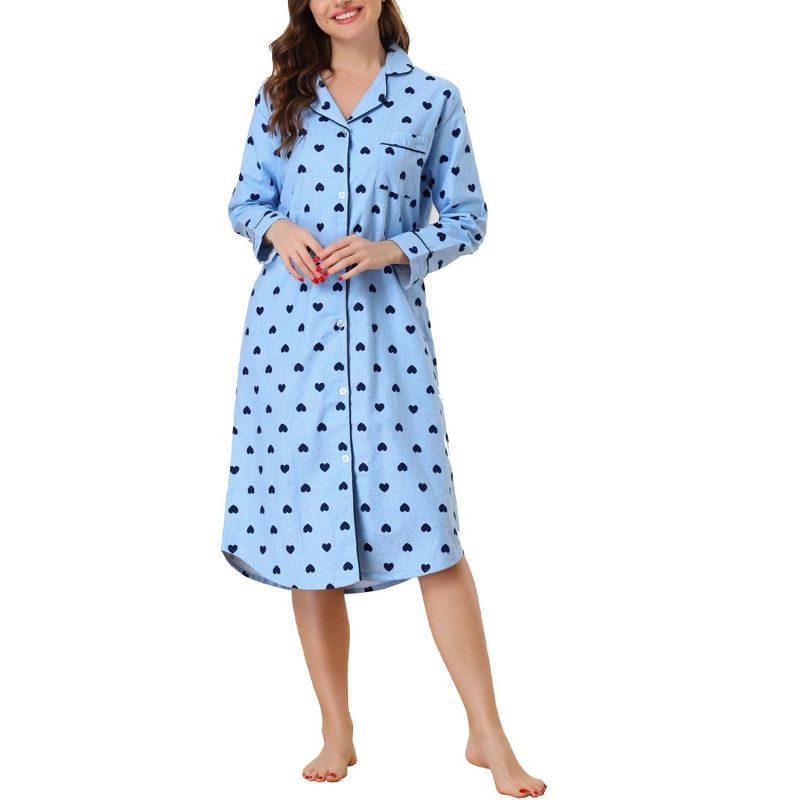 cheibear Womens Button Down Plaid Heart Printed Shirtdress Sleepshirt Loungewear Pajama Shirt Dress, 1 of 6