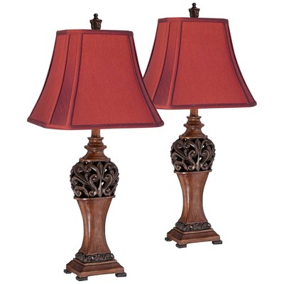 Regency Hill Traditional Table Lamps Set of 2 Carved Leaf Bronze Wood Rectangular Crimson Red Shade Living Room Bedroom Bedside