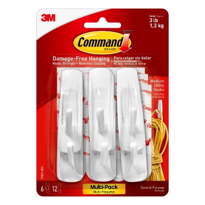 Command Medium Utility Hook Value Pack, Damage Free Hanging of Christmas Decorations, 6 Hooks: Adhesive, 3 lb Capacity