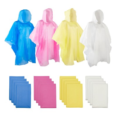 Juvale 20 Pack Disposable Rain Ponchos with Hood, Adults Emergency Travel Raincoat, 4 Colors