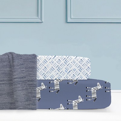 Image of Lambs & Ivy 3-Piece Navy Blue Zebra/Crosshatch Organic Crib Bedding Set Bundle