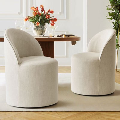 Modern Upholstered Dining Chair with Castors Round Barrel Dining Room Chair Linen Dining Chairs Set of 2 for Kitchen -Tanpinhause