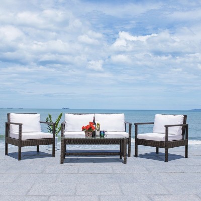 Coastal Charm Brown Wicker 4-Person Outdoor Living Set with White Cushions