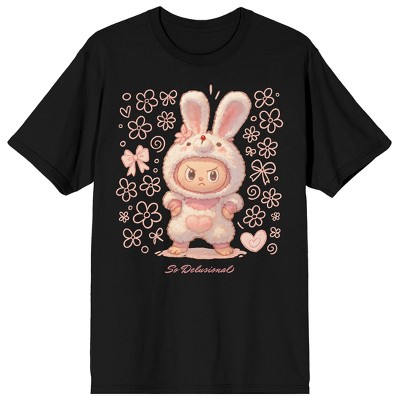 Pink fluffy Bunny suit Flower doodles So Delusional on Black Ground Adult Crew Neck Short Sleeve T-shirt