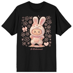 Pink fluffy Bunny suit Flower doodles So Delusional on Black Ground Adult Crew Neck Short Sleeve T-shirt - 1 of 4