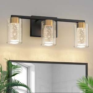 DORESshop 3-Light Black Gold LED Vanity Light, Glass Shade 3.54in D x 4.72in H, Tri-Color Dimmable - 1 of 4