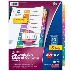 Avery Dividers for 3 Ring Binders, 10 Tabs per Set, Customizable Table of Contents, Multicolor Tabs (3 Sets of 11072) - 1 of 4