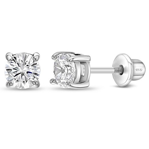 Girls' Classic Setting Solitaire Screw Back Sterling Silver Earrings ...