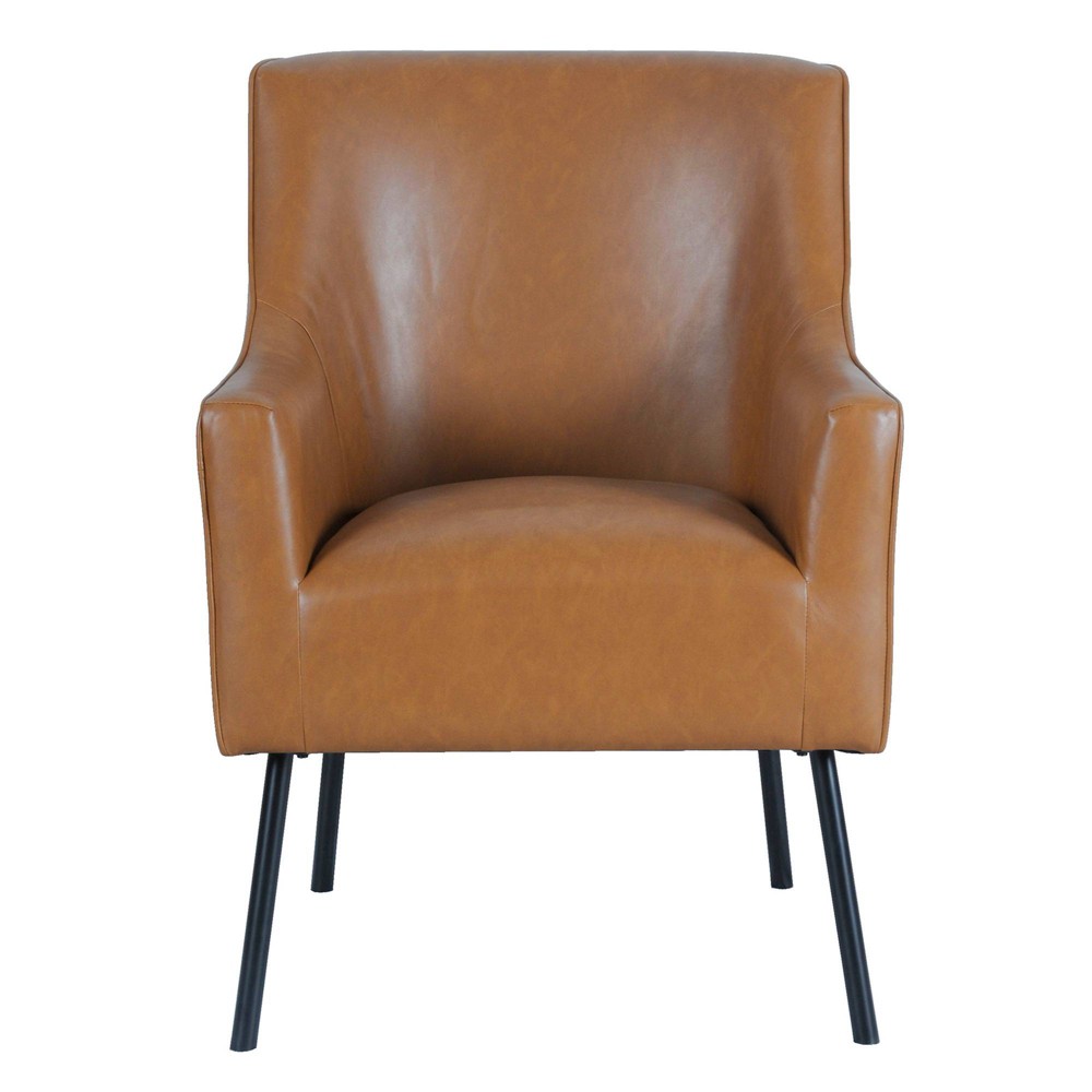 Photos - Coffee Table Modern Accent Chair Caramel Faux Leather - HomePop: Matte Black Metal Legs, Upholstered