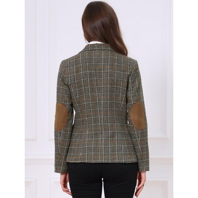 INSPIRE CHIC Women's Notched Lapel Long Sleeves Faux Suede Elbow Patches Single Breasted Plaid Blazer with Pockets X-Small Coffee Plaid — фото 3