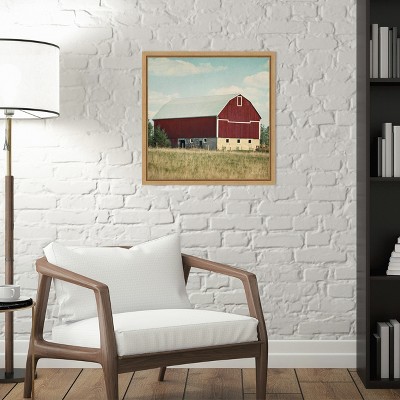 Blissful Country Red Barn Canvas Print with Natural Wood Frame
