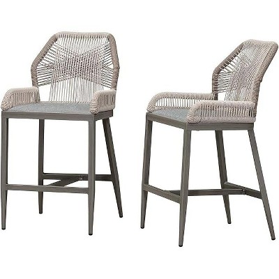 PURPLE LEAF 2 Pieces Bar Stools Patio Modern Rattan Barstools Aluminum Woven Tall Bar Chairs with Cushions for Outdoor Kitchen Island Garden