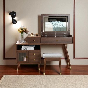 3-in-1 Vanity Desk with Lighted Flip-Top Mirror & Adjustable Cabinet, Makeup Dressing Table with Stool, Dresser with Drawers for Bedroom - 1 of 4