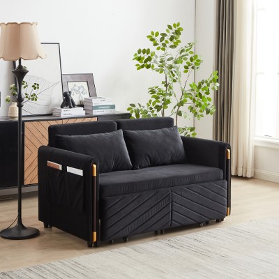 MYINDA Convertible Recliner Sofa Bed, Velvet Pull Out Bed, Removable Arm Pockets,Black
