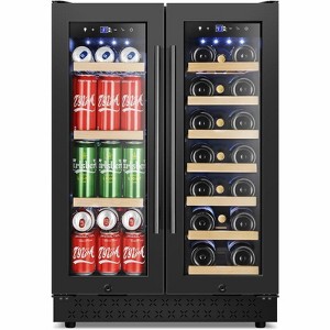 Tylza 24 Inch Wine and Beverage Refrigerator, Dual Zone Wine Beverage Cooler 24" with French Door, Holds 20 Bottles and 88 Cans, Black - 1 of 4