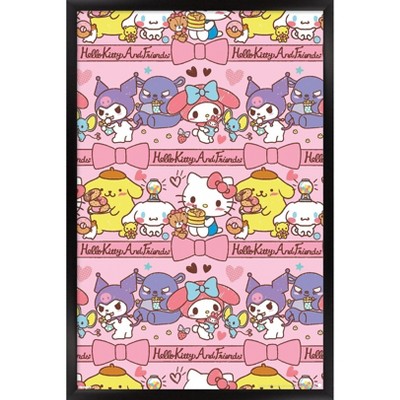 Trends International Hello Kitty and Friends: 25 Snack Time - Collage Framed Wall Poster Prints Black Framed Version 14.725" x 22.375"