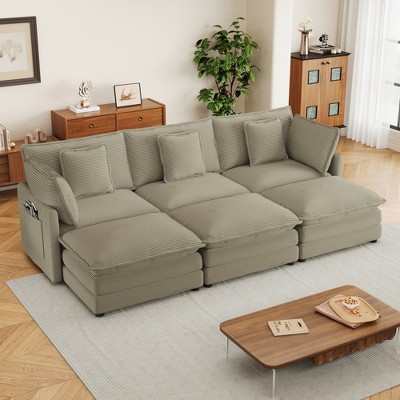 112.6" Modern Corduroy Sectional Sofa with 3 Ottomans & Storage Pockets - Modular U-Shaped Couch for Living Room