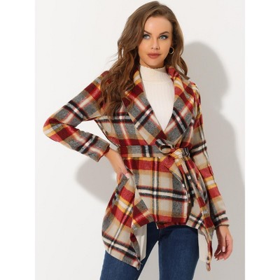 Allegra K Women's Shawl Collar Asymmetric Hem Thin Belted Plaids Wrap Coat X-Small Red Brown — фото 2