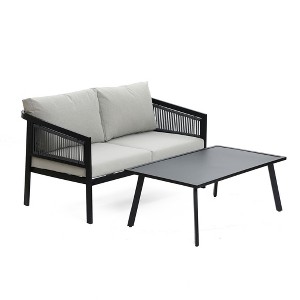 LuxenHome Outdoor Black Steel with PE Rope Loveseat with Cushions and Coffee Table Set - 1 of 4