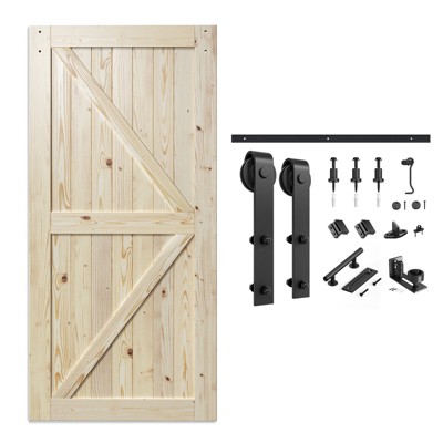 SMARTSTANDARD 84 in. Height K Shape Natural Wood Interior Sliding Barn Door with Hardware Kit