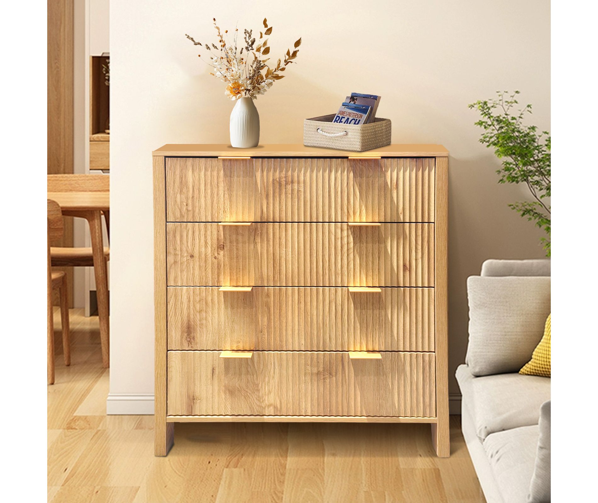 4 Drawer Wood Dresser, Waveform Fluted Panel Dresser, Modern Dressers for Storage Chest Drawers, for Living Room, Bedroom, Nursery Hallway Closet