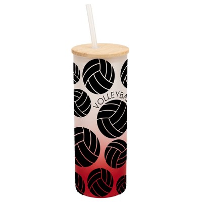 Elanze Designs Volleyball Ball Sports Wrap-Around Design 25 Ounce Frosted Gradient Glass On-The-Go Coffee Travel Skinny Tumbler Mug Cup, Bamboo Lid