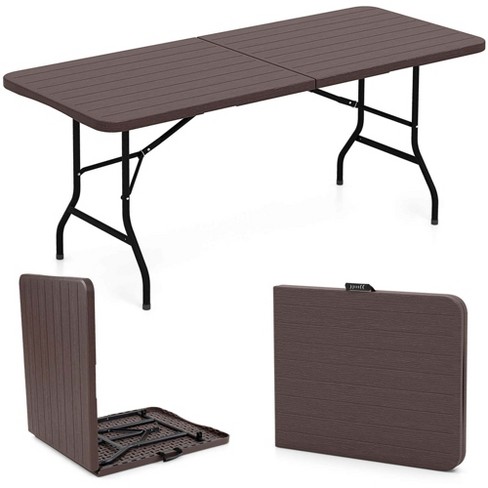Costway 6 ft Portable Folding Table with Wood Grain HDPE Tabletop Safe Lock Mechanism Brown Costway 6 ft Portable Folding Table with Wood Grain HDPE Tabletop Safe Lock Mechanism Brown