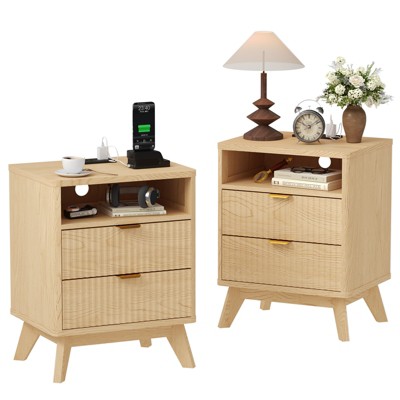 Modern Bedroom Nightstand With 2 Drawers, Wooden Sofa Side Table with Storage, Accent Bedside Table for Small Space, Narrow End Table