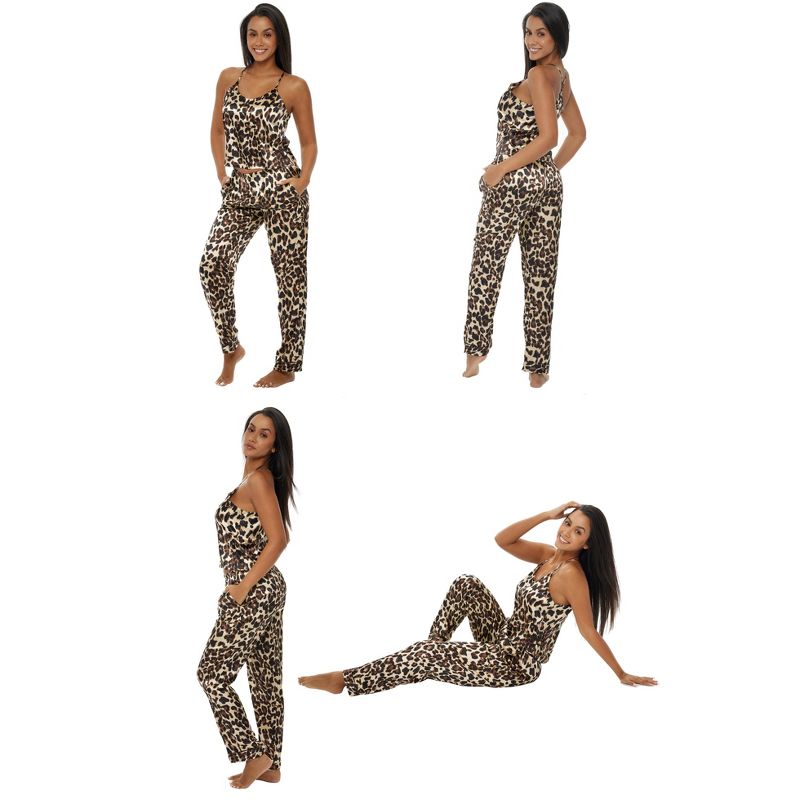 Womens Leopard Print, Satin Silk Cami Top & Pants Pajamas Lounge Set, 3 of 4