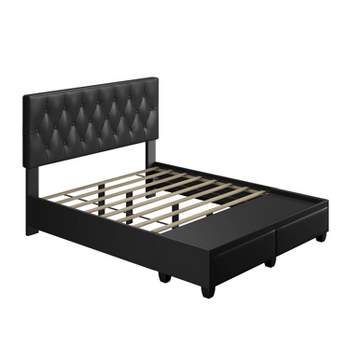 Full Veronica Tufted Faux Leather Upholstered Platform Bed with Storage Drawers Black - Eco Dream