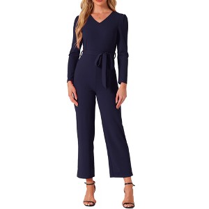 Allegra K Women's V Neck Jumpsuit Long Sleeve Tie Waist Wide Leg Long Pants Elegant Knit Jumpsuits - 1 of 4