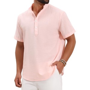 INSPIRE CHIC Men's Henley Solid Color Stand Collar Short Sleeve Linen Shirt - 1 of 4