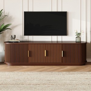 TiramisuBest Wooden Mid-Century TV Stand, Oval Fluted Farmhouse Media Console with Golden Handle,Walnut - 1 of 4
