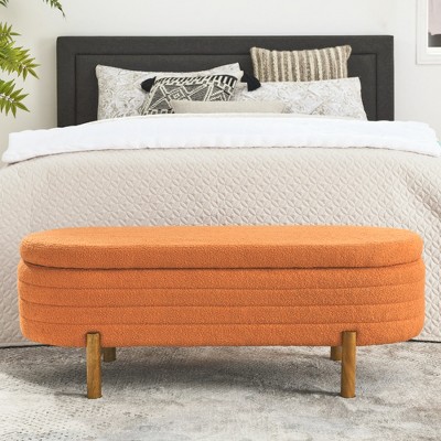 Upholstered Ottoman Storage Bench Footstool, Rubber Wood Leg, Beige/Black/Green/Orange-ModernLuxe