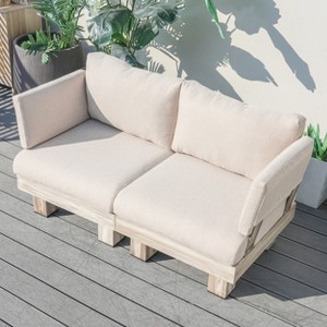 Moda Furnishings Outdoor Patio Deep Seating Aluminum Wood Grain Loveseat With Beige Cushions - 1 of 4