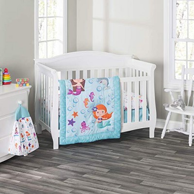 Everyday Kids 3-Piece Mermaid Crib Bedding Set for Girls – Includes Quilt, Fitted Sheet & Dust Ruffle – Underwater Nursery Theme