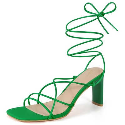 BLISSFUL STEP Women's Square Toe Lace Up Block Heel Sandals
