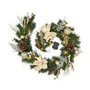 36 in Large Prelit Christmas Wreaths for Front Door, Weather Resistant Winter Wreath with LED Lights & Red Bow for Fireplace Garage Gates, Green - 1 of 4