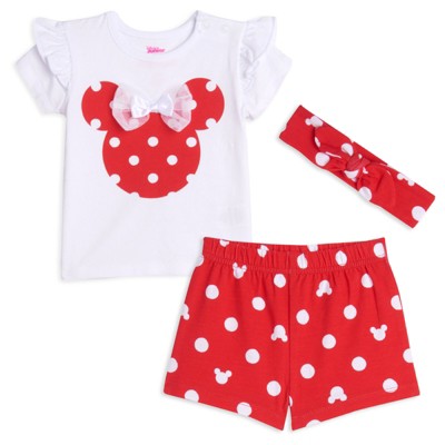 Image of Disney Minnie Mouse Newborn Baby Girls T-Shirt and Shorts Outfit Set Polka Dots White/Red 3-6 Months