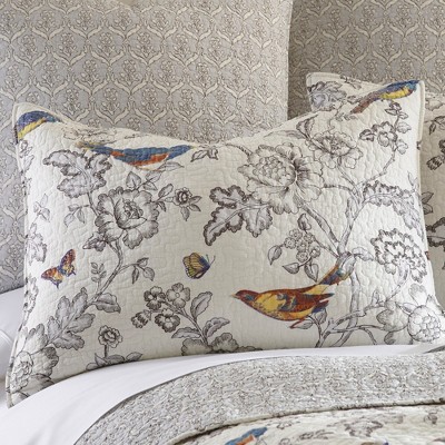 Gray Cotton Twin Quilt Set with Colorful Birds and Butterflies
