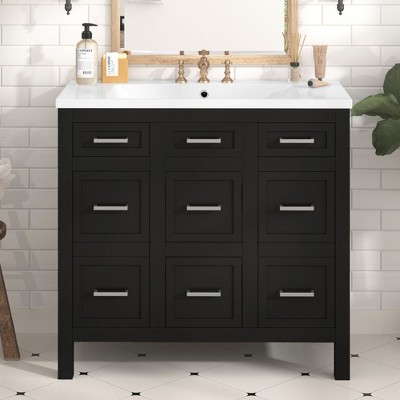 NicBex Bathroom Vanity with Resin Sink,Multi-Functional Bathroom Sink Vanity with 2 Soft Close Doors and 4 Drawers,36" Bathroom Sink Cabinet,Black