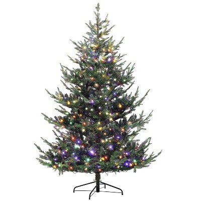 HOMCOM 7.5 ft PreLit Nordic Pine Artificial Christmas Tree, Hinged Xmas Tree with 300 LED Lights and 1218 Branch Tips for Holiday Party Decor, Green