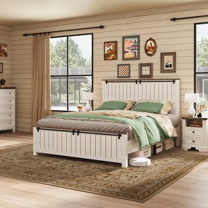 AMERLIFE Farmhouse Bed Frame with 47" Tall Headboard and Sliding Barn Doors - 1 of 3