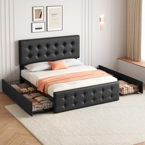 Bed Frame with 4 Storage Drawers, Linen Upholstered Platform Bed Frame with Wooden Slats Support, Button Tufted Design - 1 of 4