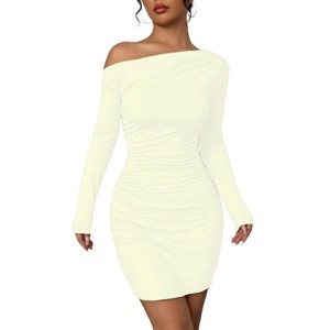 Off The Shoulder Dresses for Women Long Sleeve Ruched Bodycon Cocktail Party Mini Dress Apricot L
