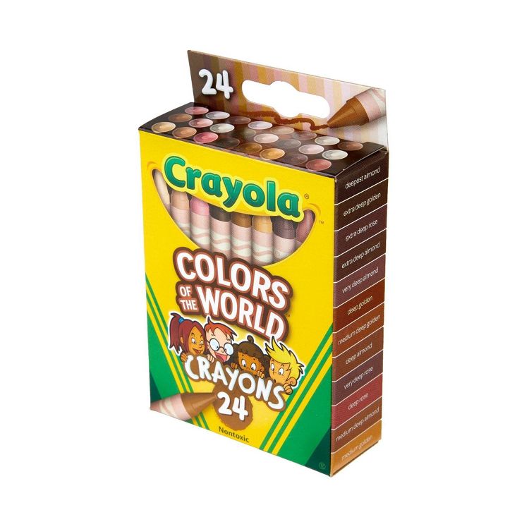 A box of Crayola "Colors of the World" crayons containing 24 different shades, with some color names like "deepest almond" and "extra deep golden" visible on the side.