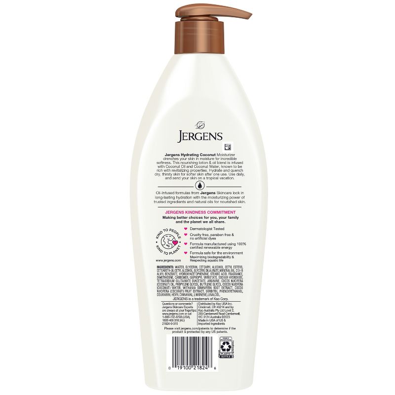 Jergens Hyrdating Coconut Hand and Body Lotion For Dry Skin, Dermatologist Tested - 16.8 fl oz, 3 of 9