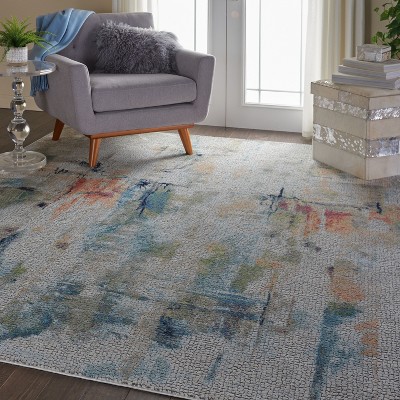 Ivory and Multicolor Abstract Round Synthetic Area Rug
