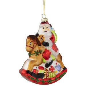 Northlight Santa on a Rocking Horse Glittered Glass Christmas Ornament - 4.75"  - Red - 1 of 4